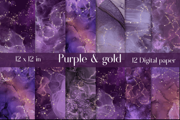 12 Purple Gold Marble Digital Papers